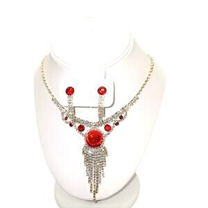 Rhinestone Necklace/Earring Set Red Clear Rhinestones Bib Style Silver Tone